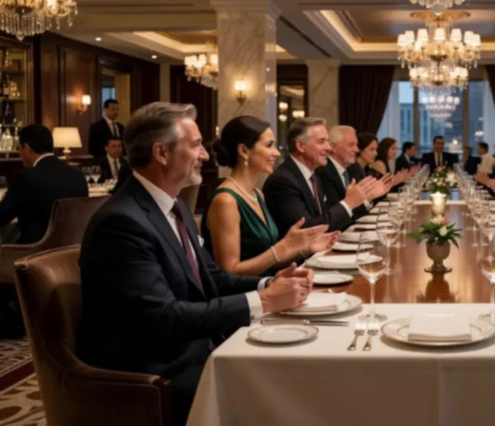 Elegáns céges vacsora jól öltözött vendégekkel