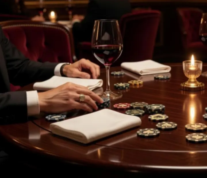 Elegáns, gyertyafényes poker asztal fine dining környezetben