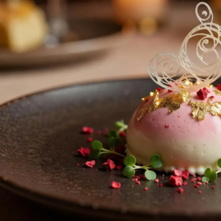 Elegáns tálalású gourmet desszert, csokoládé és málna kompozícióval