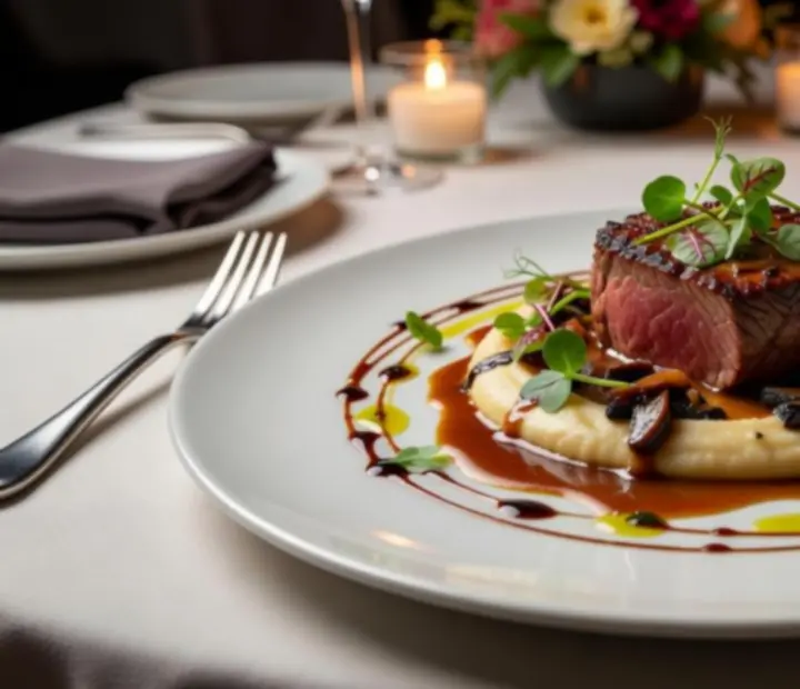 Gourmet főétel elegáns tálalásban egy gyertyafényes asztalon