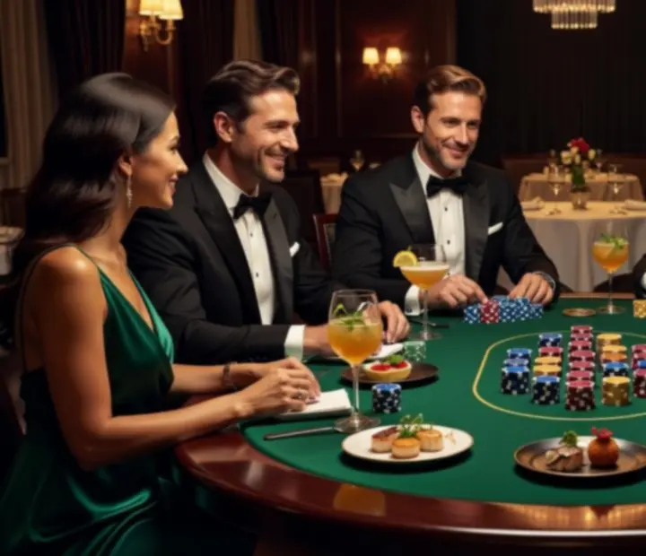Elegáns pokerasztal szimbolikus zsetonokkal és koktélokkal