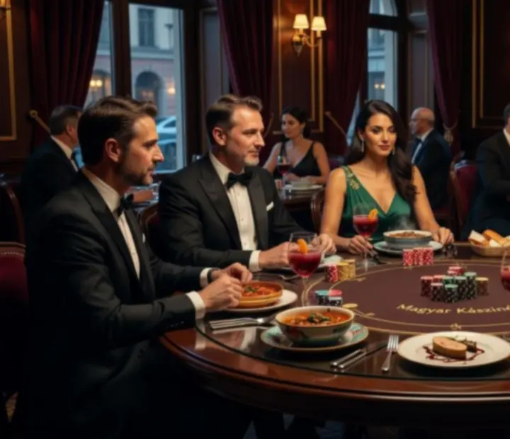 Candlelit gourmet vacsora elegáns poker asztalok mellett Budapesten