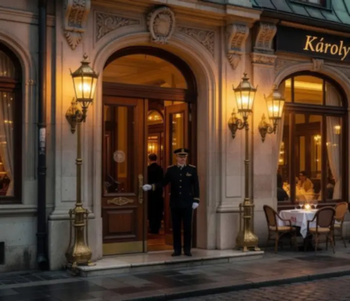 A Magyar Értékelés étterem elegáns bejárata esti fényben