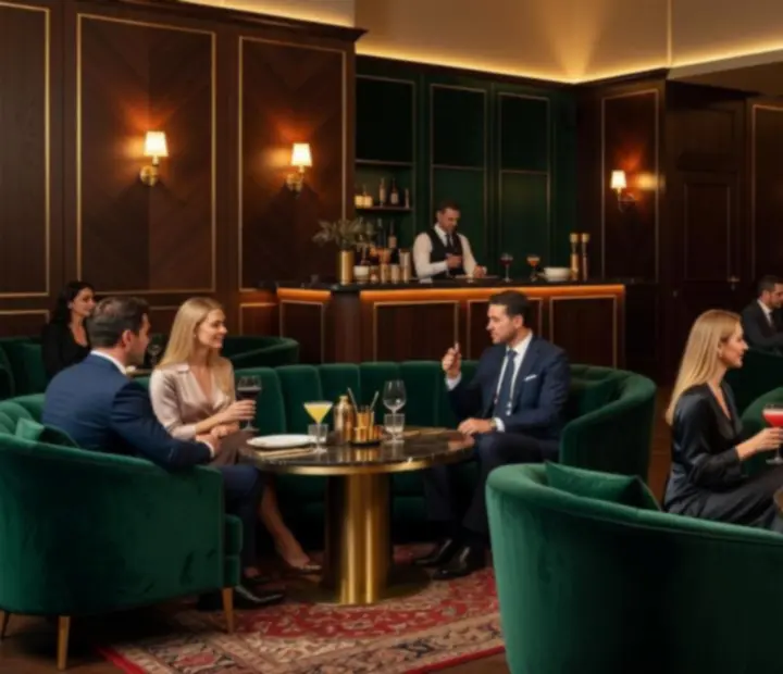 Elegáns VIP lounge belső tér bőrkanapékkal és hangulatos fényekkel